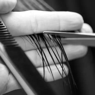 Scissors cutting through strands of dark hair.
