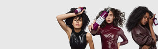 Three people with curly hair posing dynamically while styling their hair.