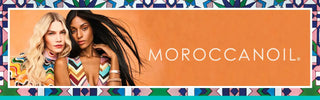 Advertisement banner for Moroccanoil hair care products featuring two models with styled hair against an orange background.