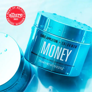 Blue cosmetic jar labeled ’Money’ by Chris Appleton + Color Wow.