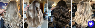 Four different hairstyles showing long, wavy hair in varying shades from platinum blonde to dark brown.