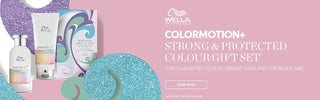 Hair care product gift set featuring Wella Colormotion+ bottles and containers against decorative circular elements.