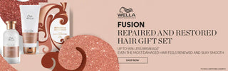 Hair care product set with pink and rose gold packaging featuring the Wella Fusion collection.