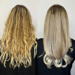 Before and after hair transformation showing wavy yellow-blonde hair changed to straight ash-blonde hair.