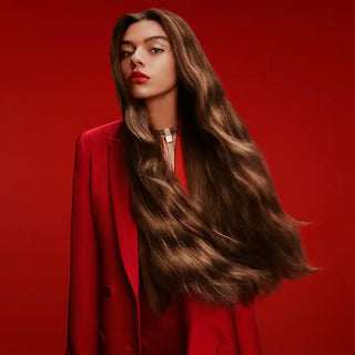 Long, flowing brown hair against a red blazer.