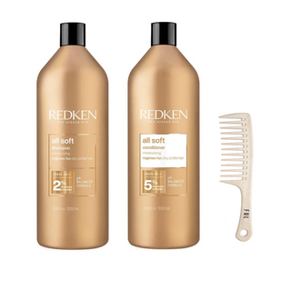 Redken All Soft Shampoo & Conditioner 1000ml and FUL Wide Tooth Comb Bundle