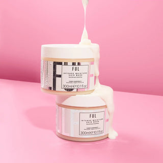 Two stacked white cream jars with ’FUL’ branding and a drip of product flowing between them.