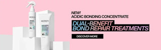 White hair treatment bottles with text about bonding concentrate and repair treatments.